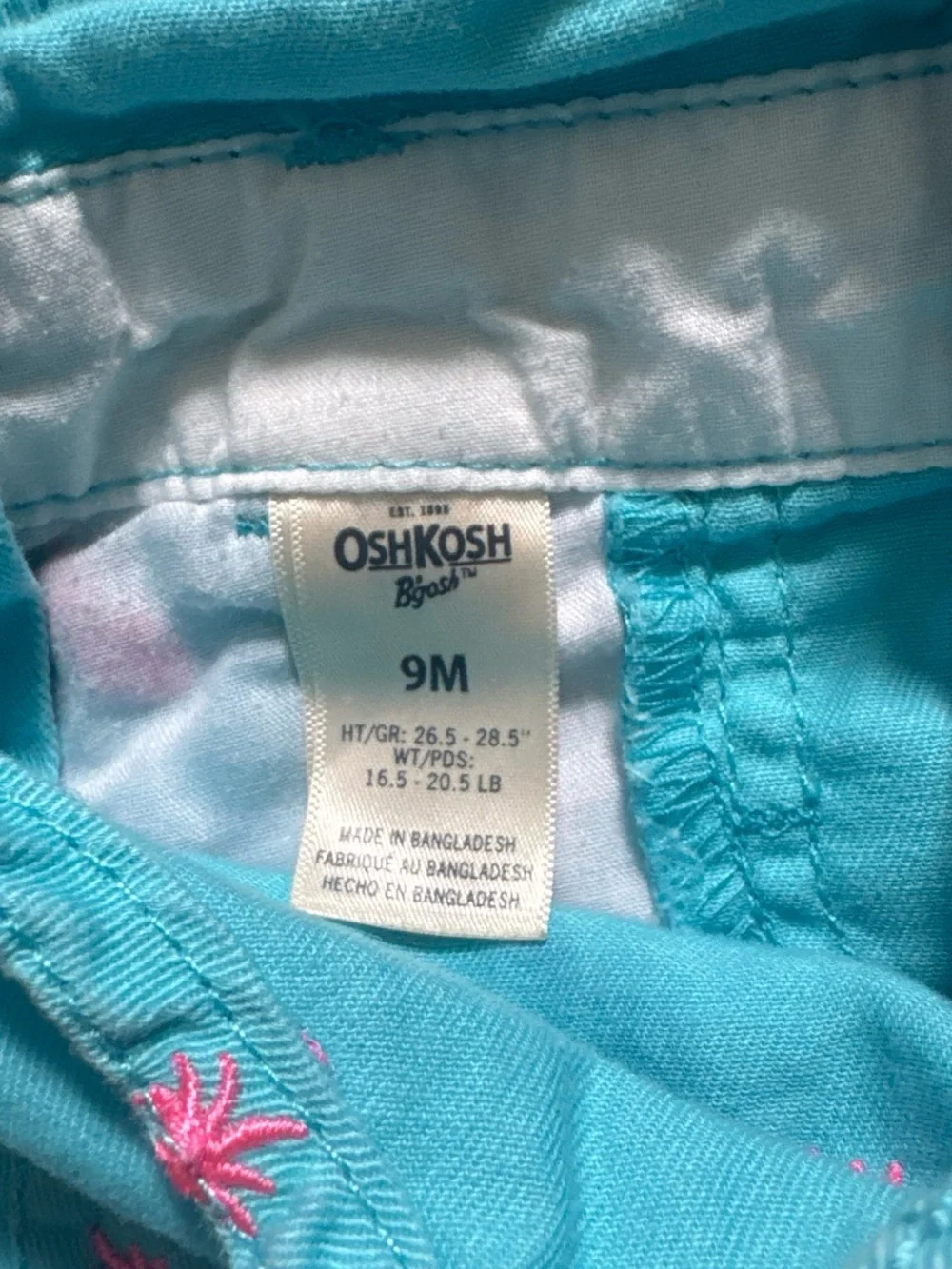 OshKosh B'gosh Turquoise Short Overalls with Pink Pineapple Embroidery